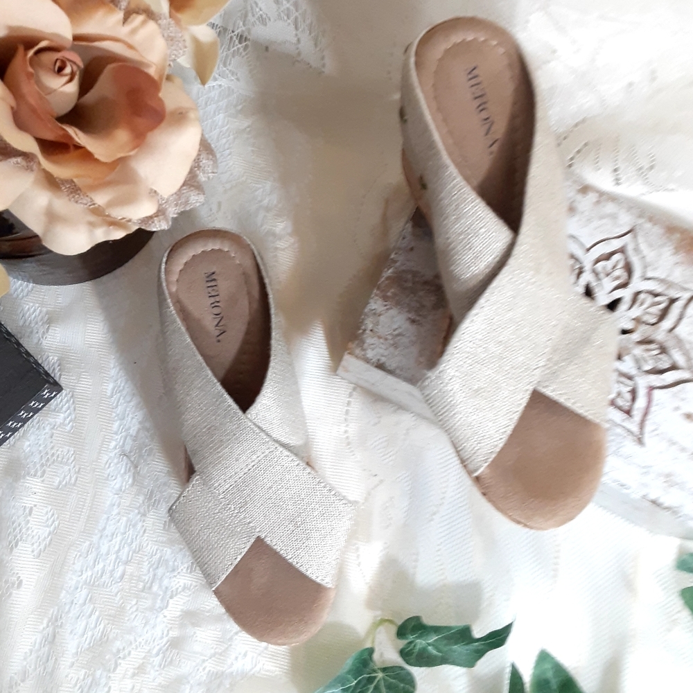 Merona banded cork wedge mules
